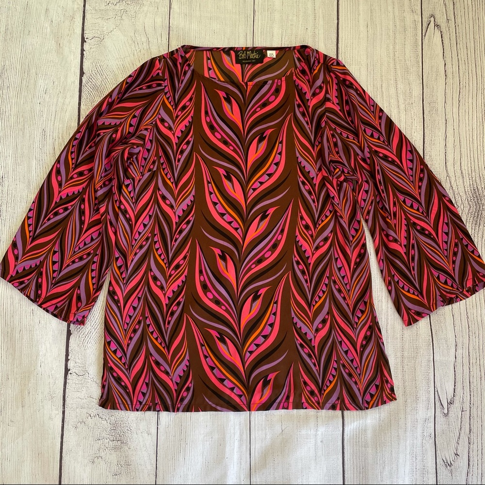 Bob Mackie Brown & Pink Print Blouse Size XXS